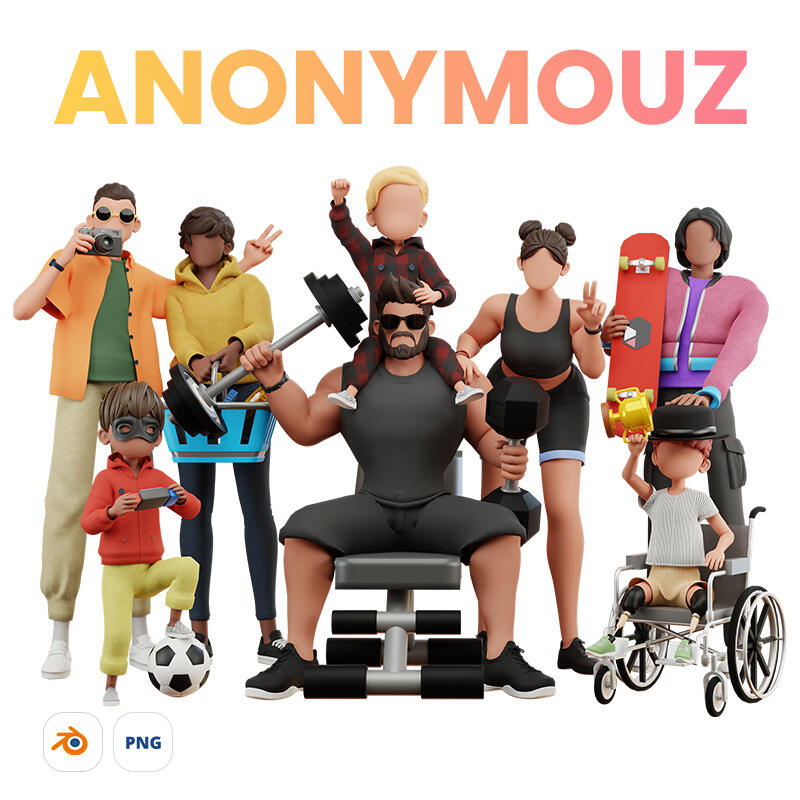ANONYMOUZ - Faceless rigged 3D cartoon characters. Adults, Kids and Musculars in various poses included. Source and PNG files included. Free Samples included