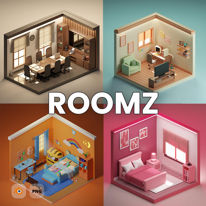 ROOMZ - Various pre-defined rooms to give context on top of our cartoon 3D characters or 3D icons.